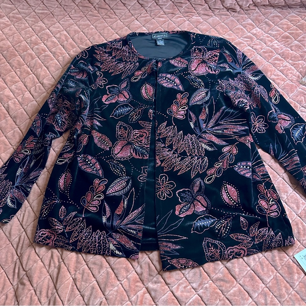 NWT Elementz Glitter Floral Black and Red Blouse